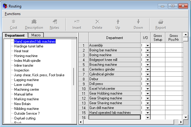 Screenshot of routing for several general manufacturing departments